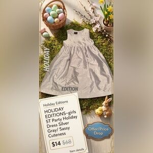 🩶HOLIDAY EDITIONS~girls 5T Party Holiday Dress Silver Gray Satin/Sassy Cuteness